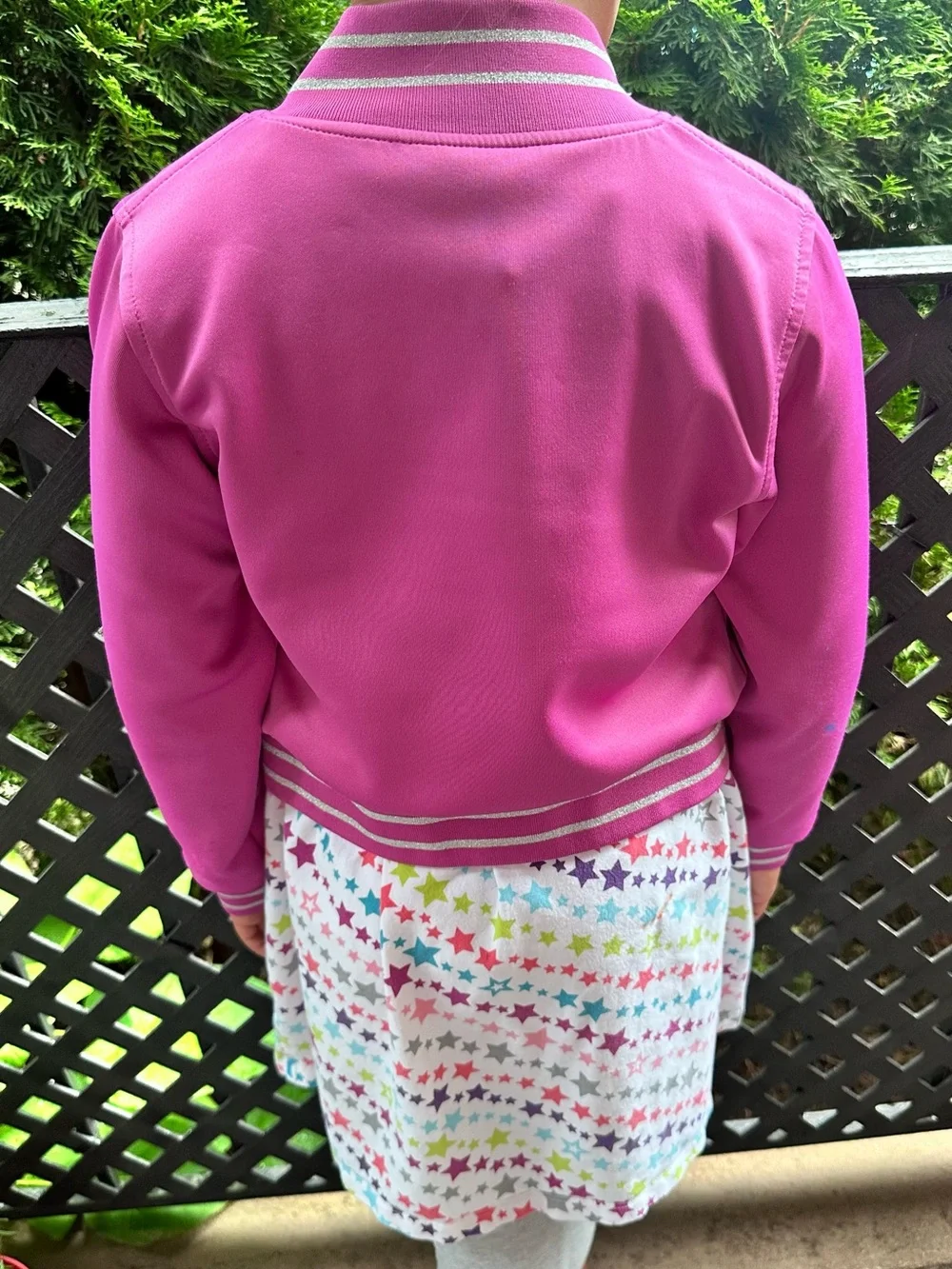 American Girl Star Print Dress AND Hot Pink Satin Bomber Jacket Size Small (7/8)